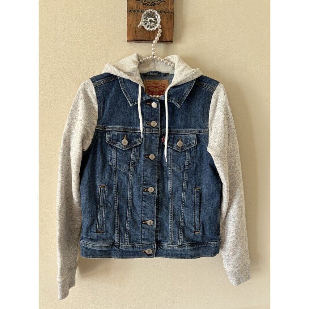 Levis Hybrid Womens Size M Blue Denim Hybrid Trucker Jacket Gray Hood Sleeves